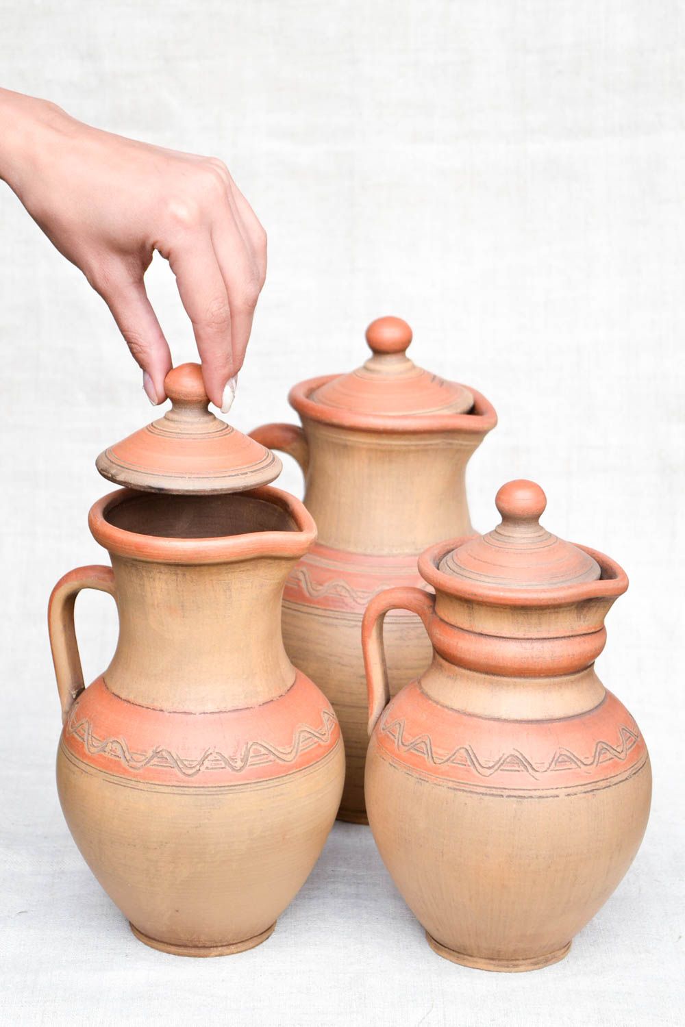 Set of three clay glazed wine milk juice jugs with lids and handles gift home pottery photo 2
