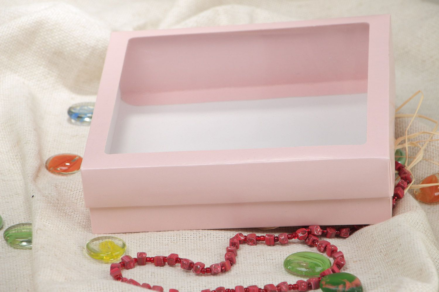 Handmade decorative carton flat gift box of pink color with transparent lid photo 1