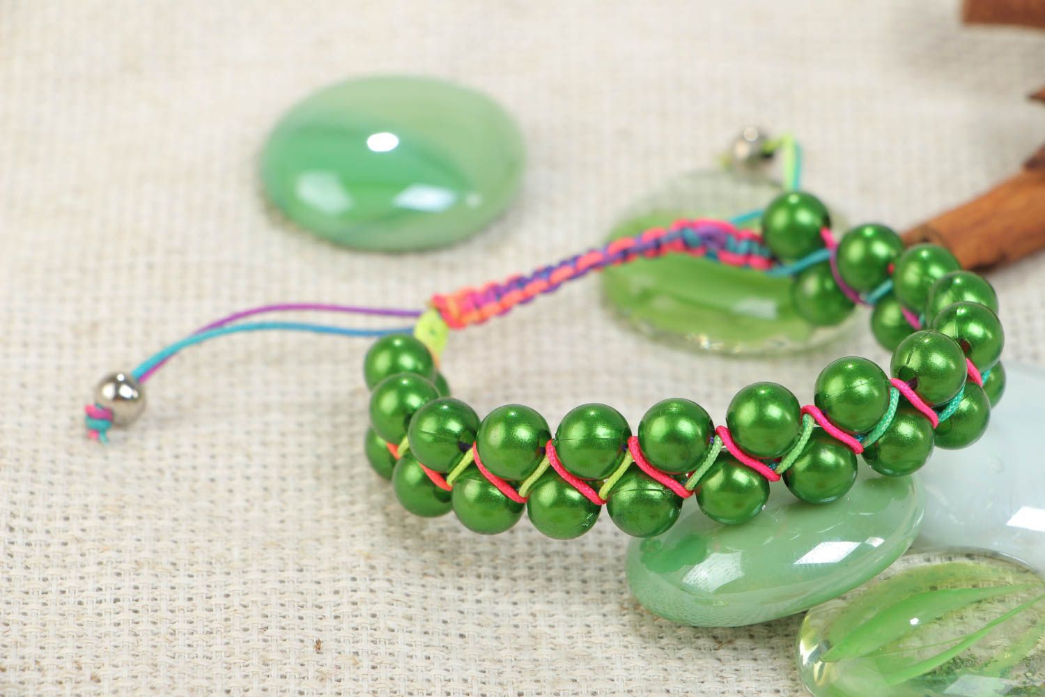 Handmade beaded woven bracelet green designer beautiful female accessory photo 1