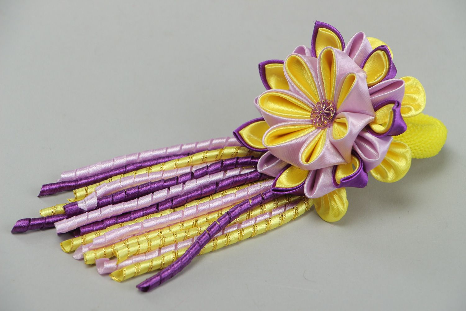 Handmade yellow and violet hair tie with satin ribbon volume kanzashi flower photo 1