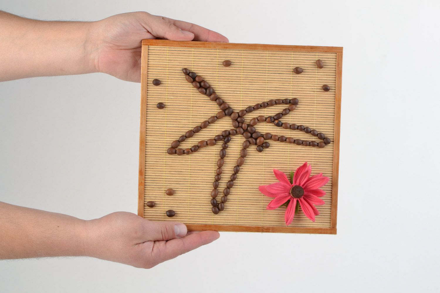 Handmade decorative wall hanging panel with bamboo and coffee beans Dragonfly photo 2