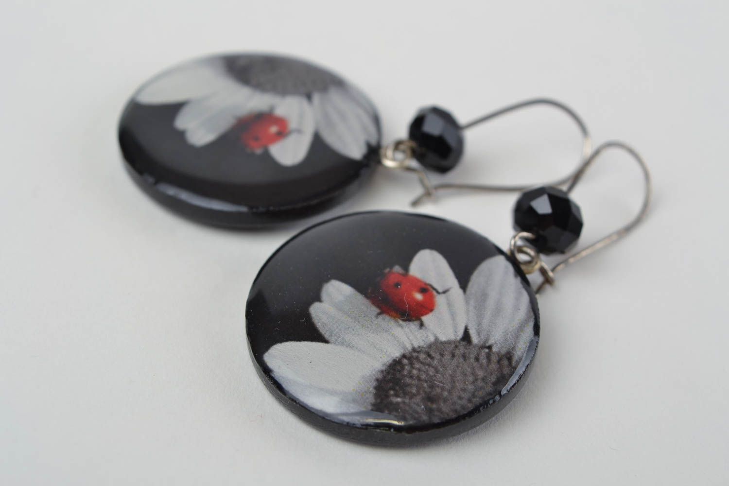 Beautiful homemade polymer clay round earrings with decoupage dark with flowers photo 4