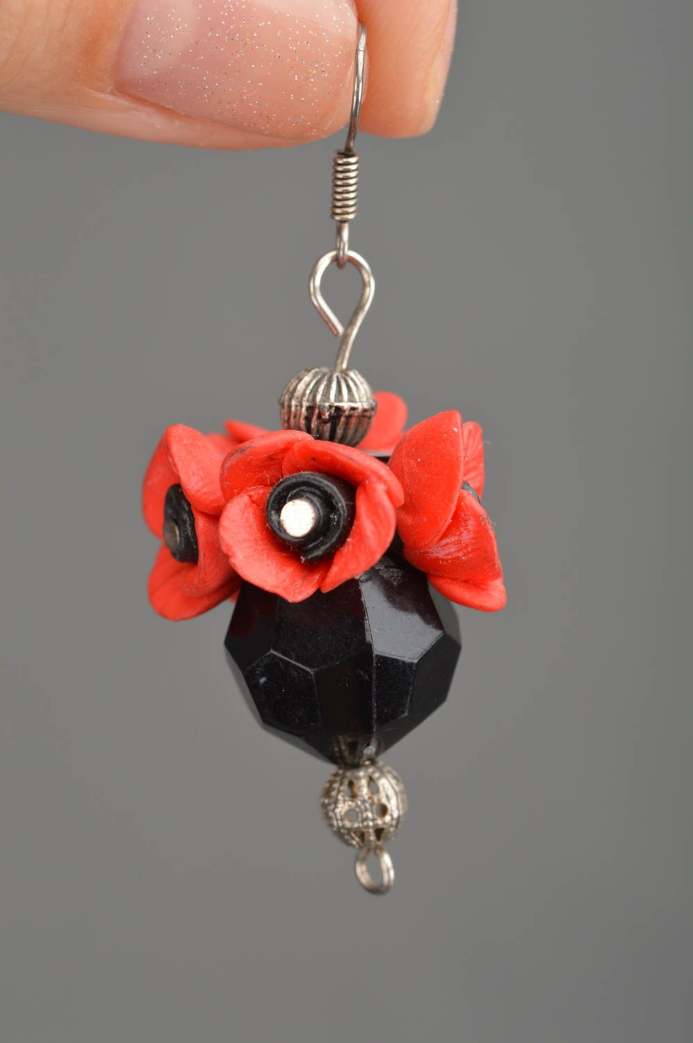 Handmade stylish small earrings decorated with red poppies made of polymer clay photo 2