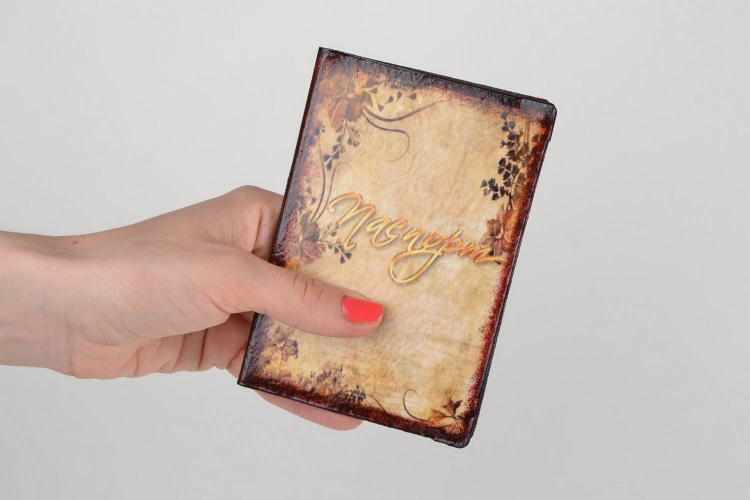 Handmade brown faux leather passport cover with decoupage in retro style photo 2