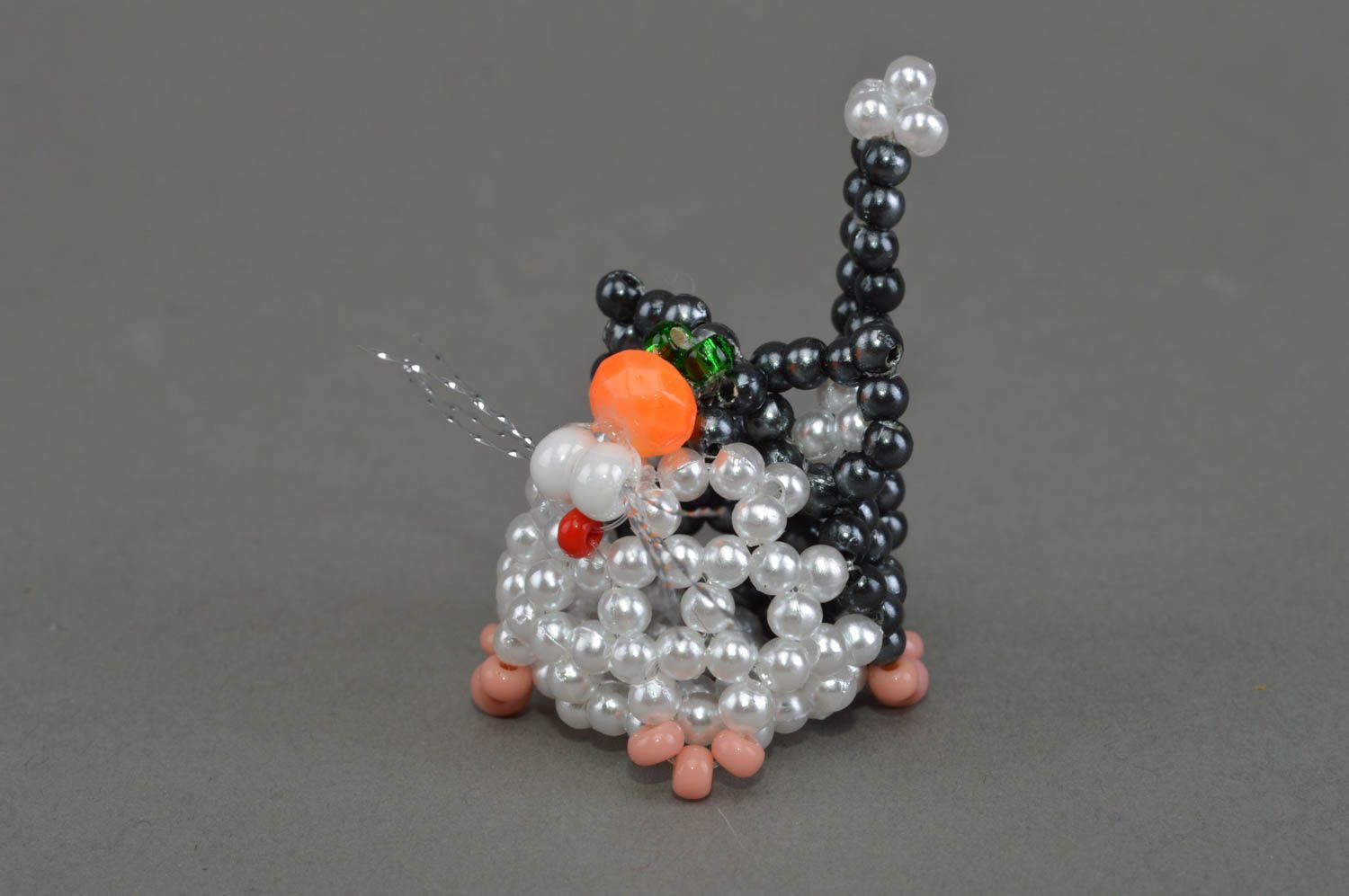 Small funny handmade beaded animal figurine of cat with orange nose for decor photo 3