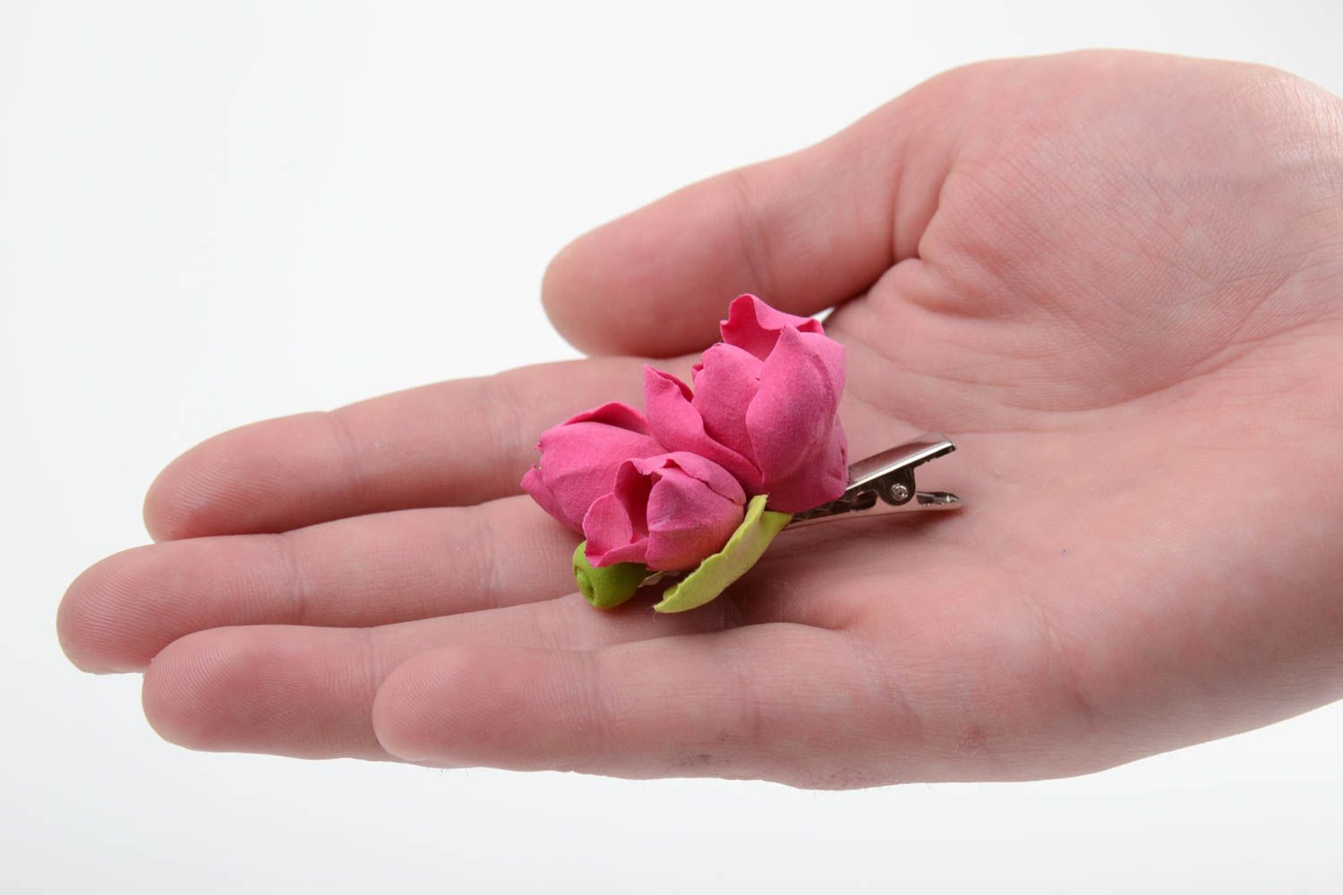 Handmade decorative hair clip with self hardening polymer clay pink flowers  photo 2
