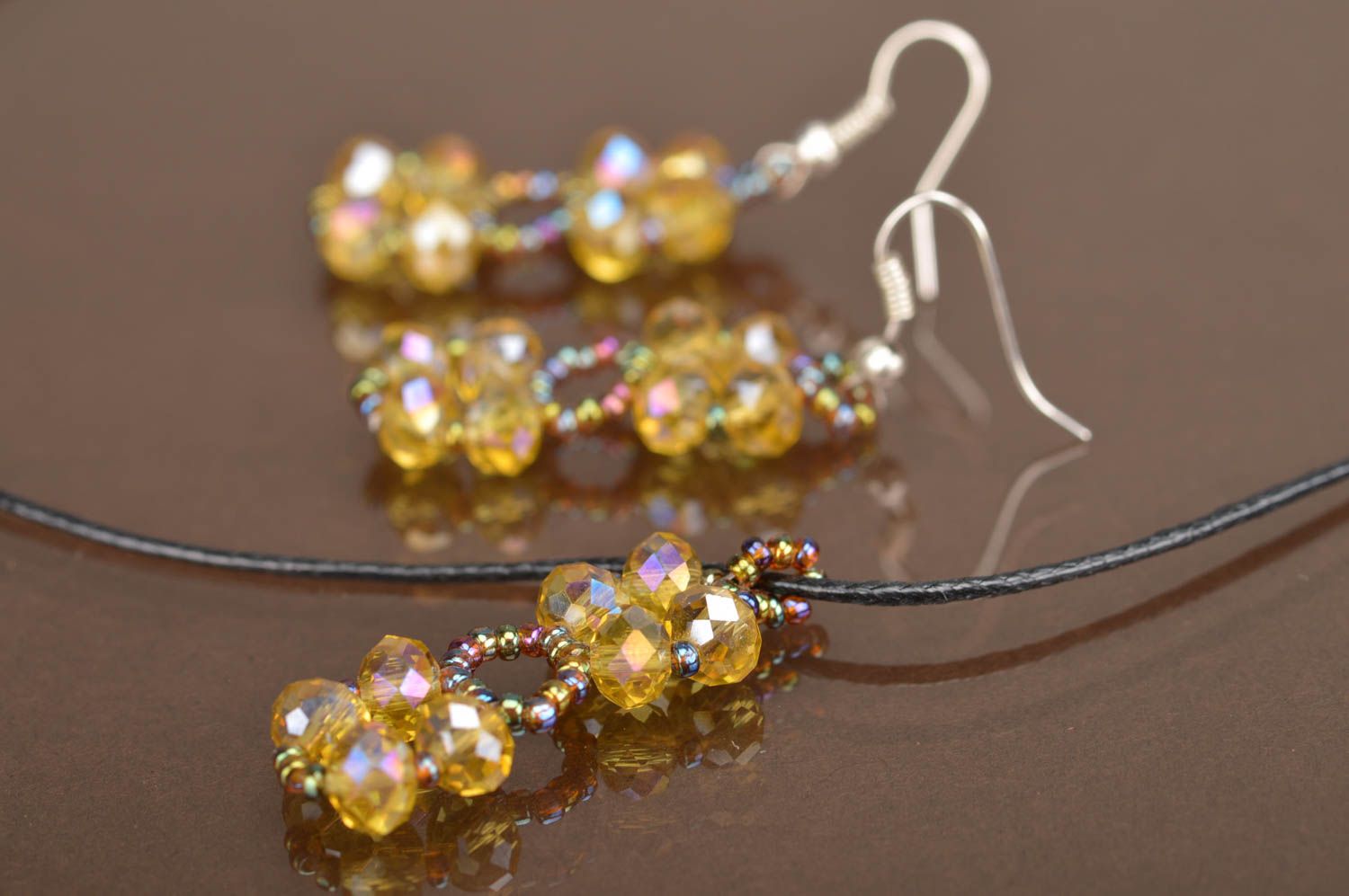Beautiful handmade pendant and earrings woven of Czech beads jewelry set photo 5