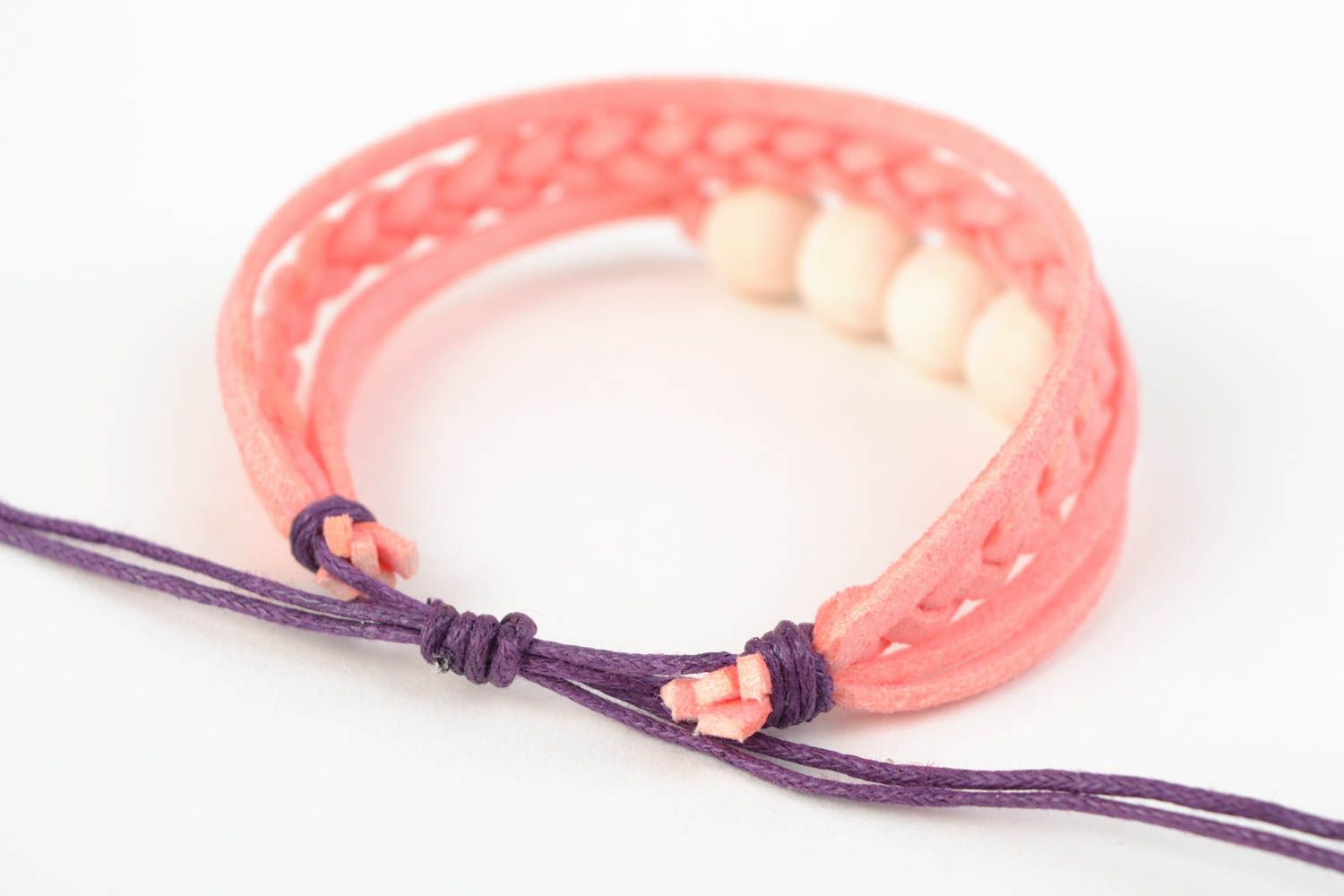 Handmade multi row pink suede cord woven wrist bracelet with wooden beads  photo 4