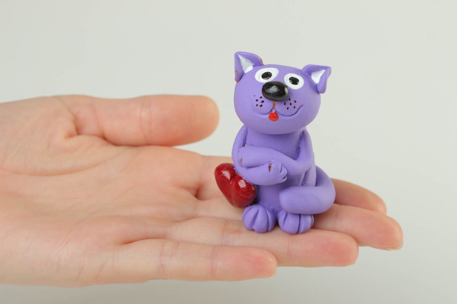 Statuette décorative Figurine fait main petit chat violet en argile Déco maison photo 5