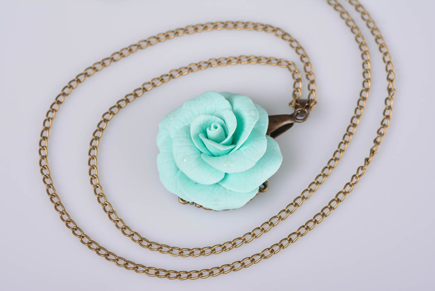 Elegant handmade designer blue polymer clay flower pendant on long chain Rose photo 2