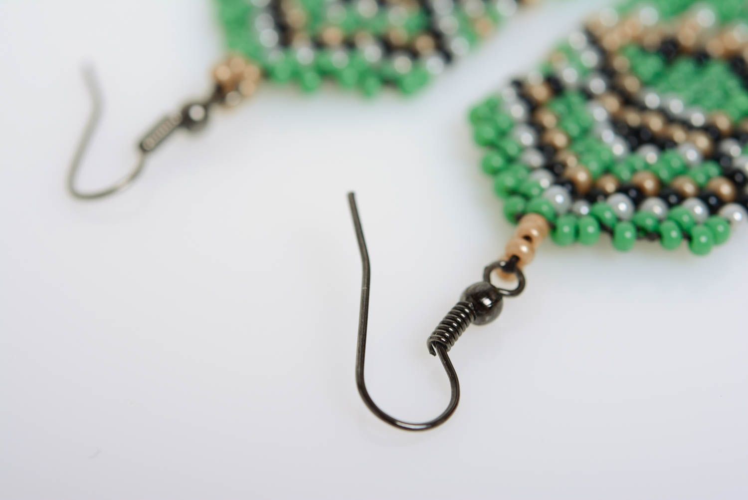 Beige green and black handmade designer beaded earrings with fringe photo 5