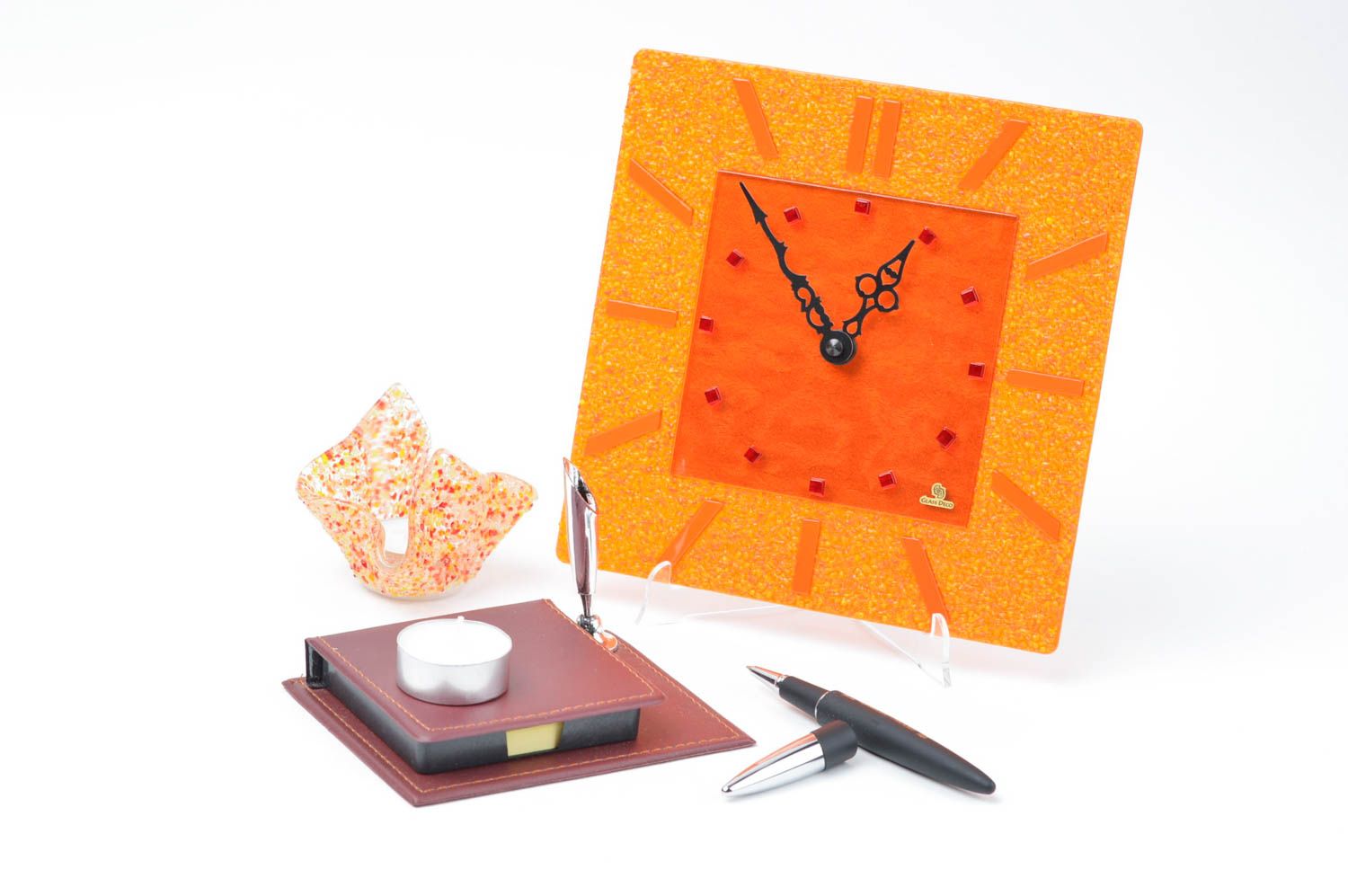 Bougeoir design Horloge murale fait main en verre Cadeau original 2 pcs orange photo 1
