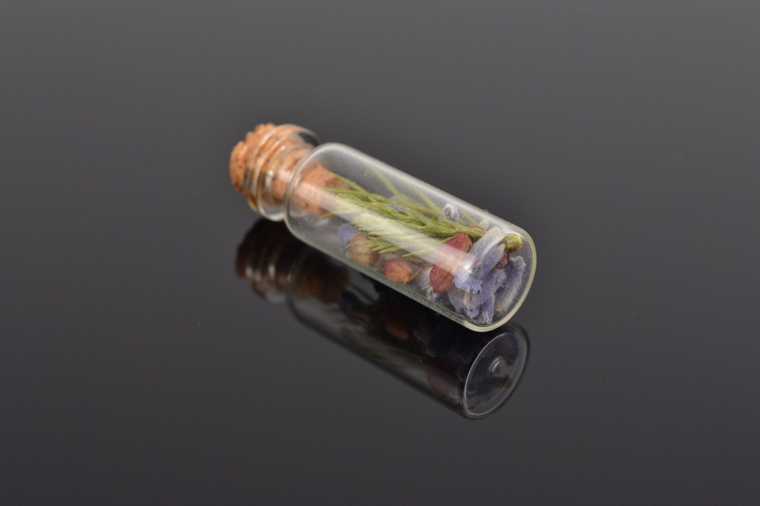Unusual beautiful handmade small flask pendant with dried flowers inside photo 5