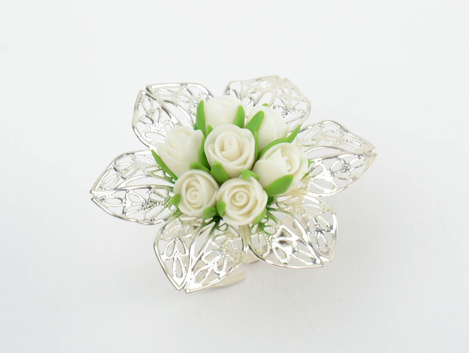Handmade metal jewelry ring with large volume cold porcelain white rose flowers photo 3