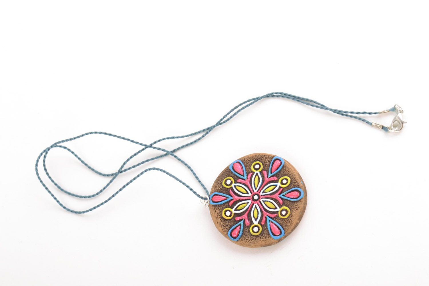 Round handmade clay neck pendant painted with acrylics with flower photo 5