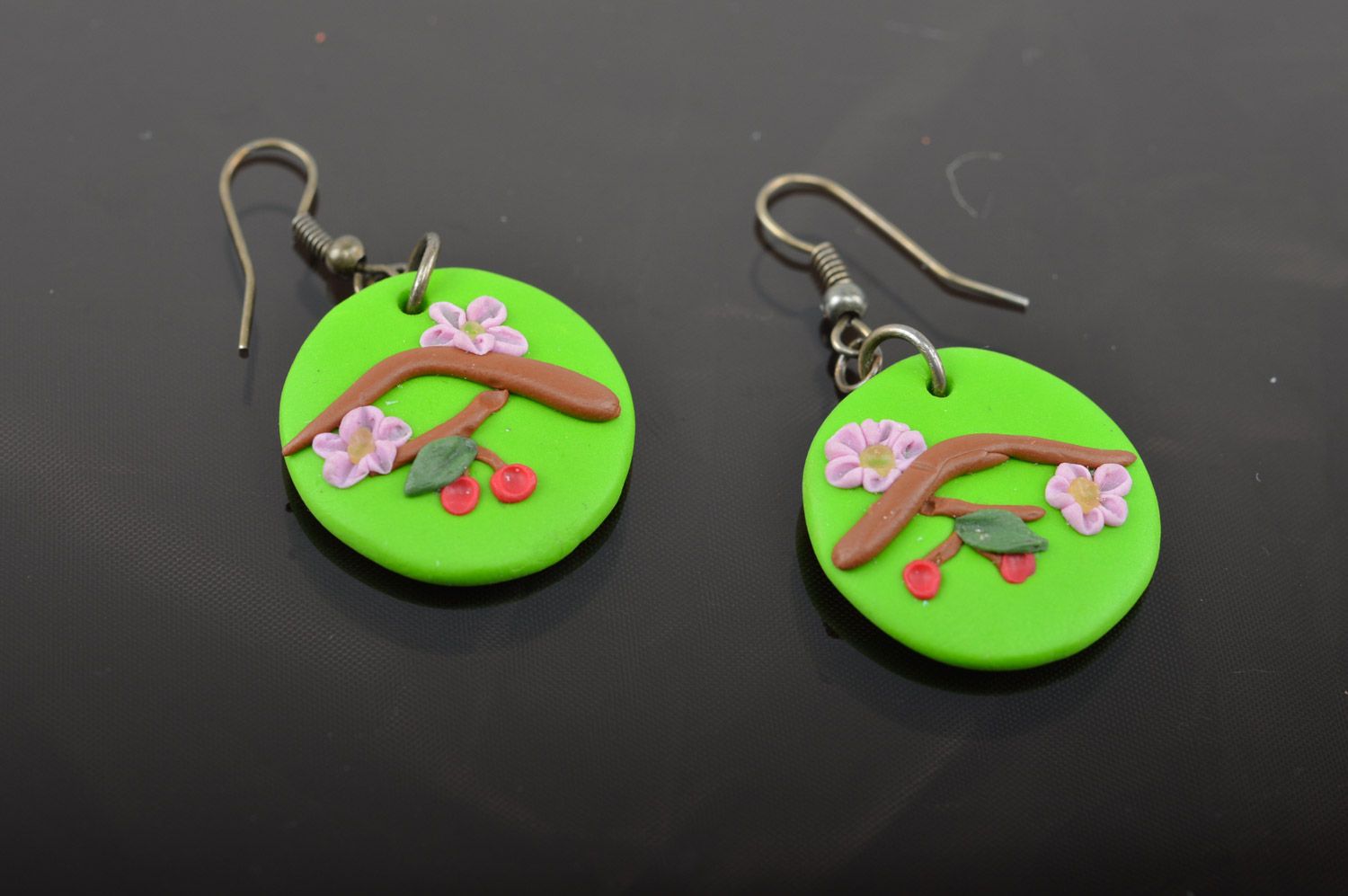 Beautiful handmade polymer clay round earrings of green color Oriental Cherry Branch photo 5