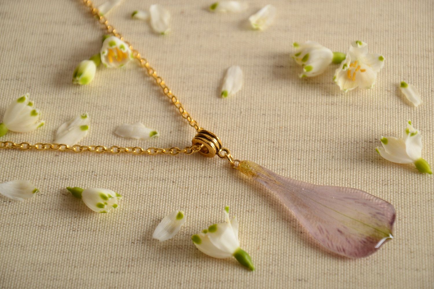 Handmade pendant on long chain with real flower petal coated with epoxy photo 1