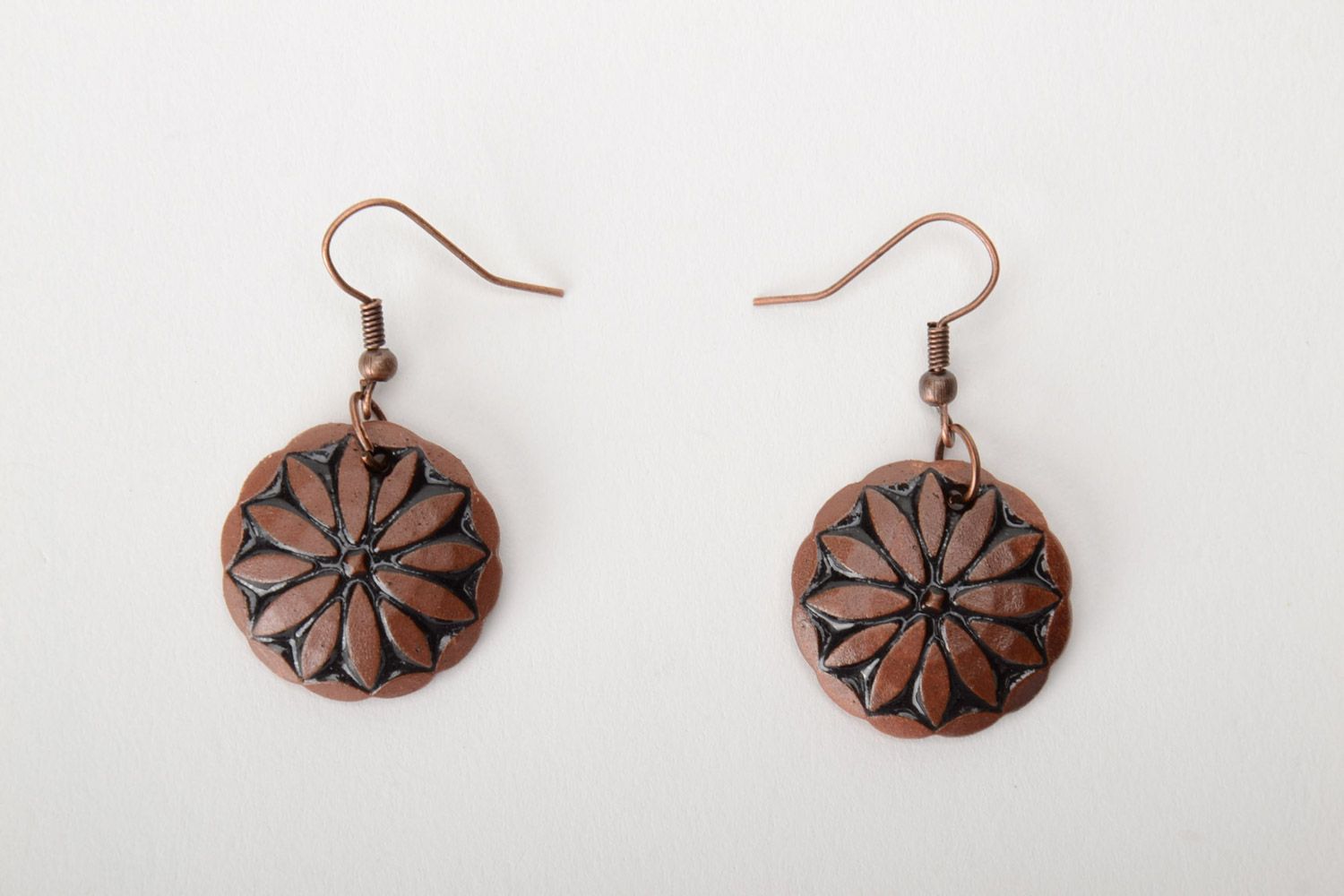 Handmade round ceramic dangle earrings molded of brown clay in ethnic style  photo 3