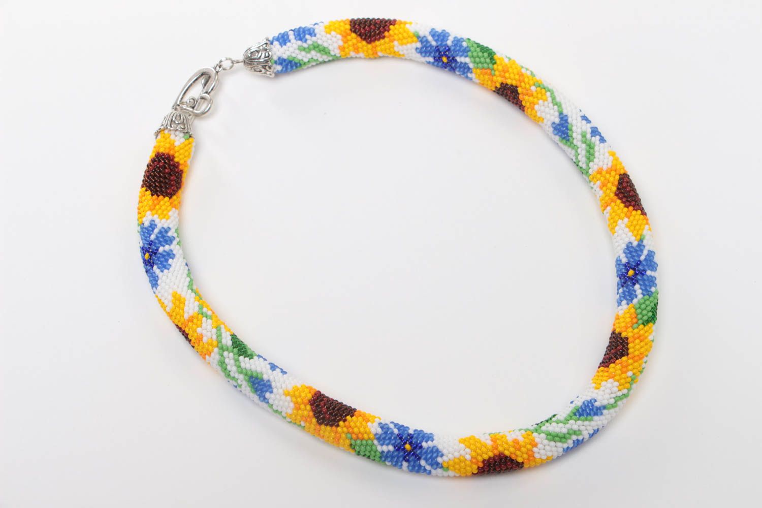 Handmade white beaded cord necklace with bright yellow sunflowers pattern photo 2