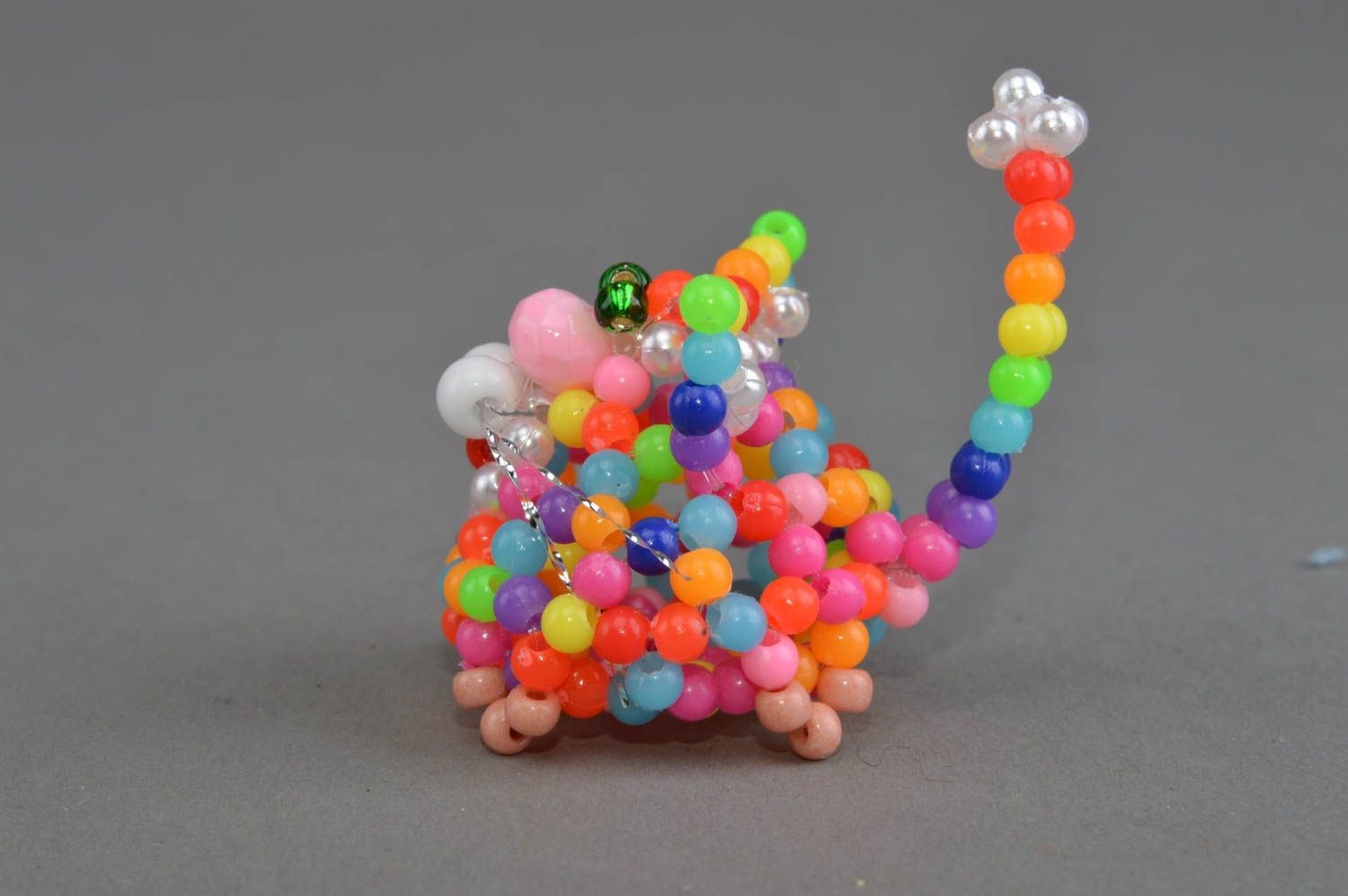 Unusual colorful handmade miniature beaded figurine of cat designer home decor photo 3