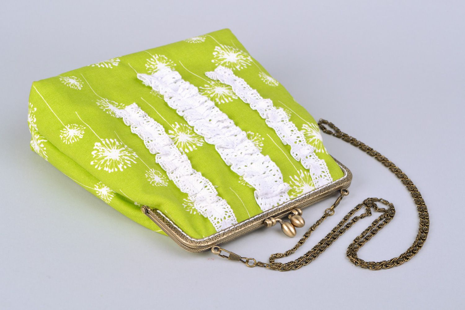 Handmade women's cotton handbag in boho chic style of yellow green color  photo 3
