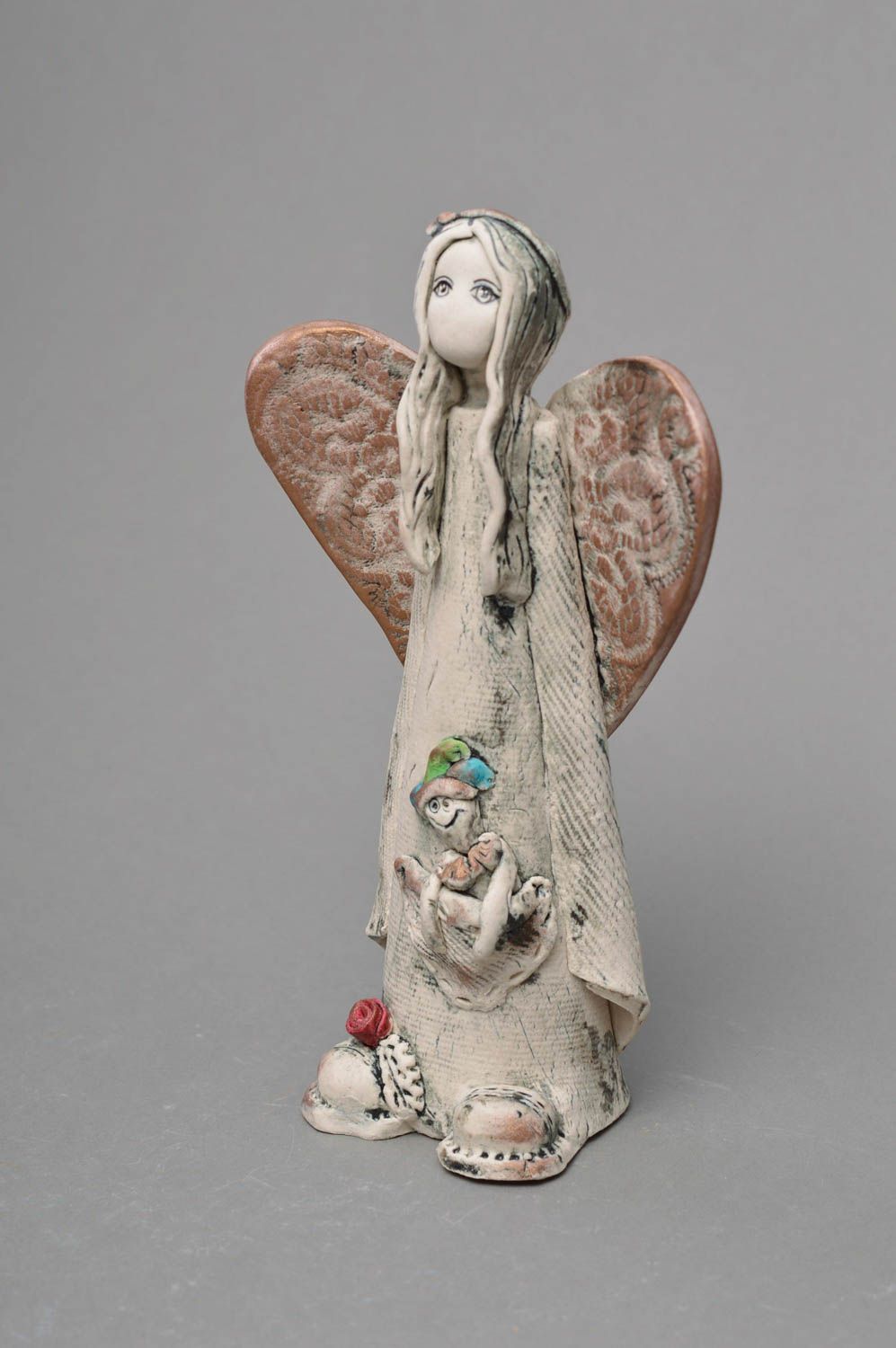 Unusual small handmade light porcelain statuette of angel with clown photo 3