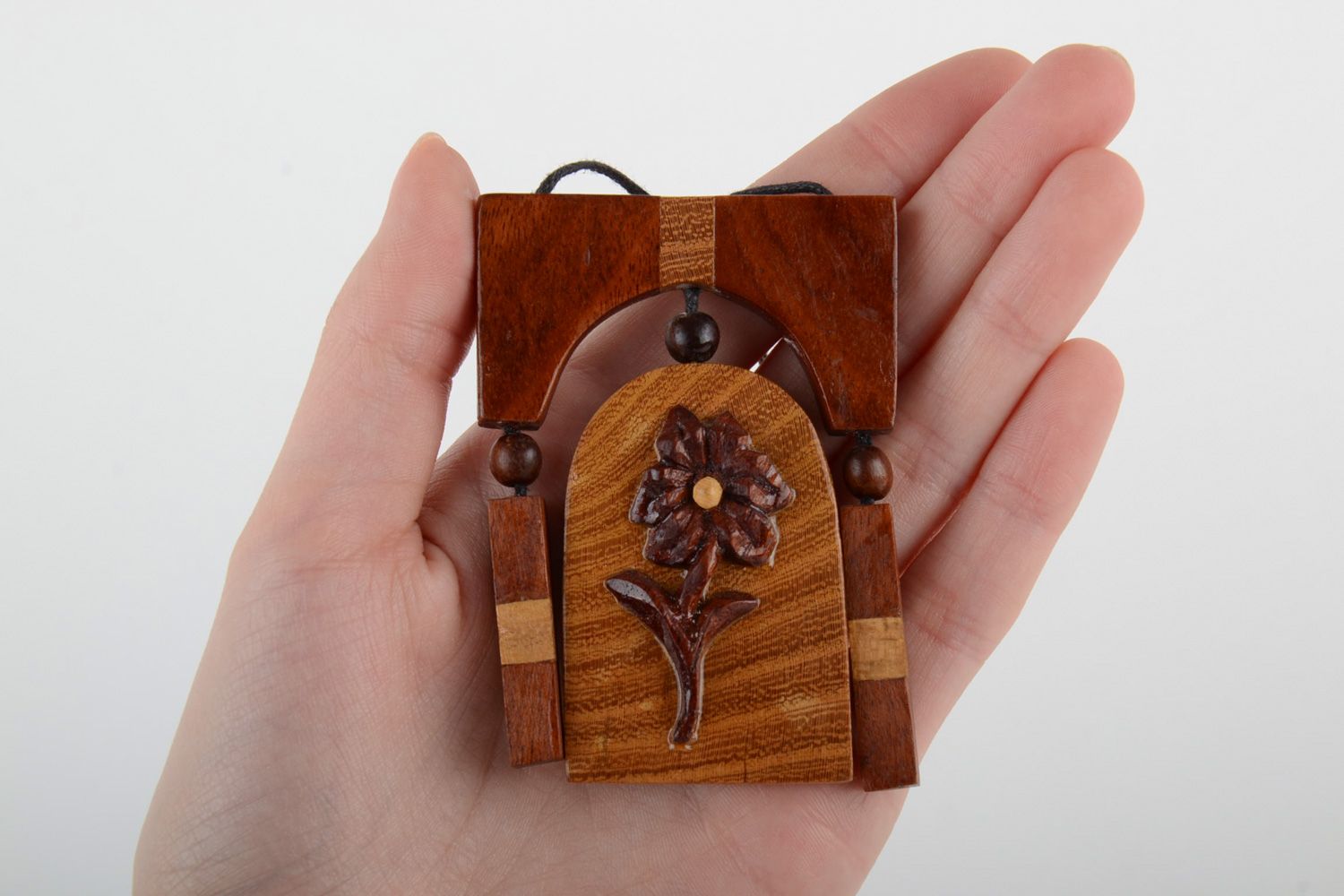 Handmade neck pendant carved of wood and decorated with volume inlay for women photo 5