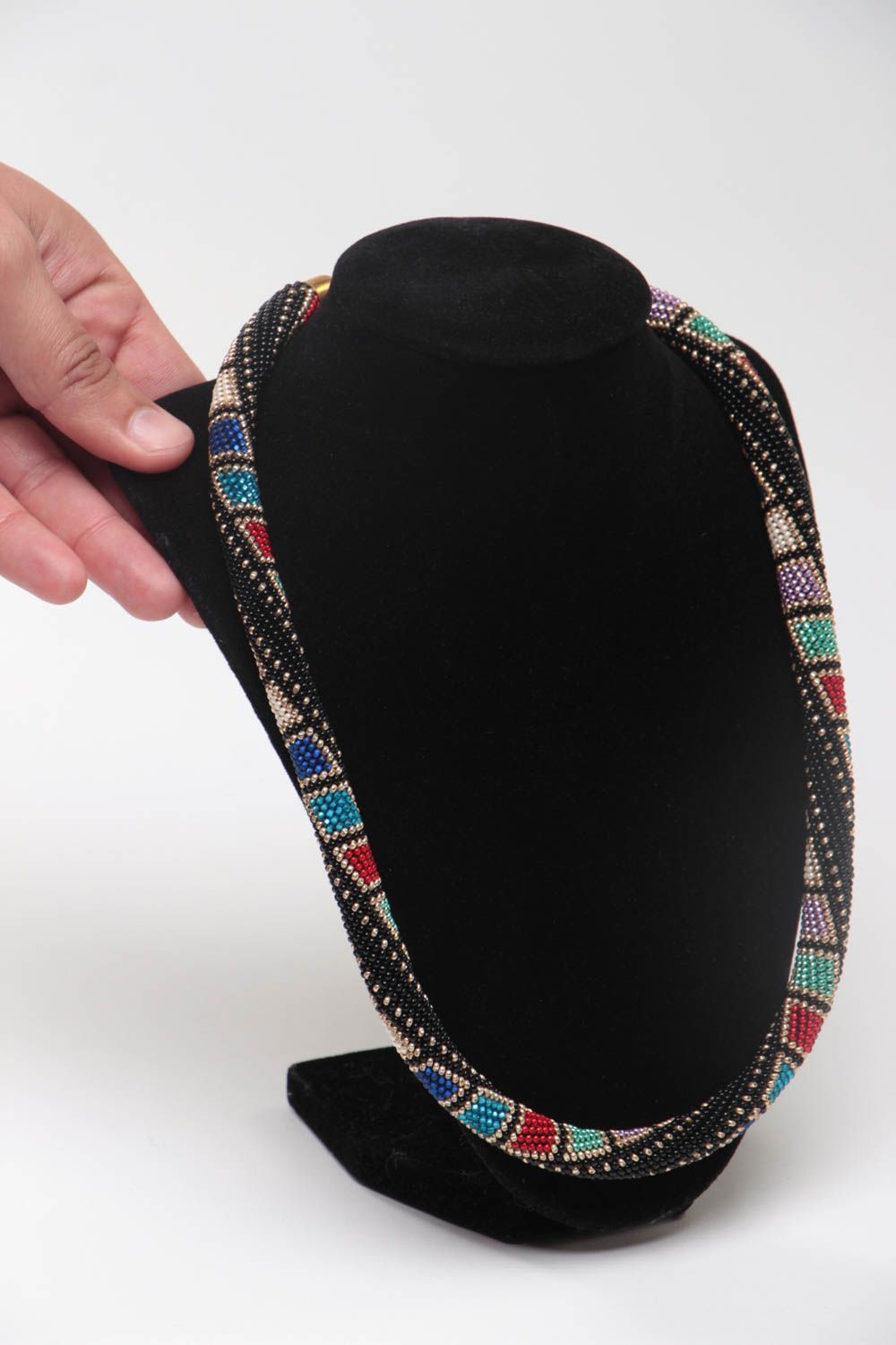 Handmade long designer dark beaded cord necklace with interesting ornament photo 5