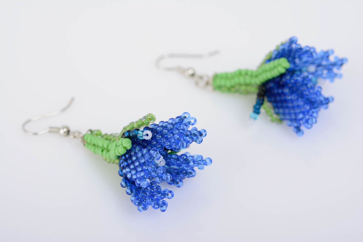 Beaded handmade earrings flowers blue with green beautiful summer accessory photo 1