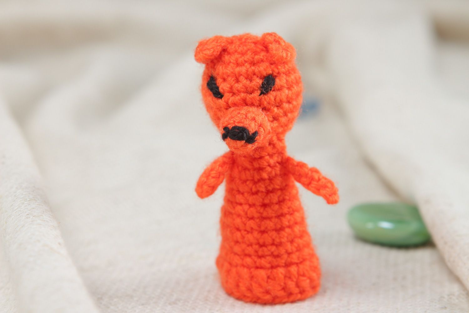 Small handmade finger puppet crocheted of acrylic threads in the shape of red fox photo 5