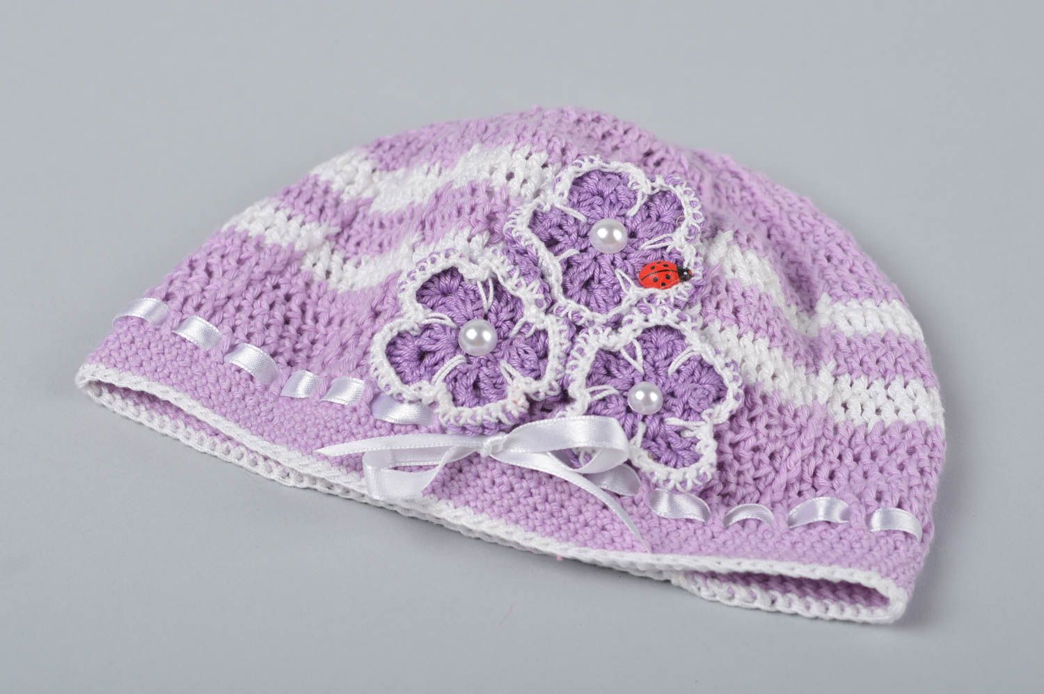 Bonnet fille fait main Bonnet tricot crochet coton violet fleurs Vêtement enfant photo 2