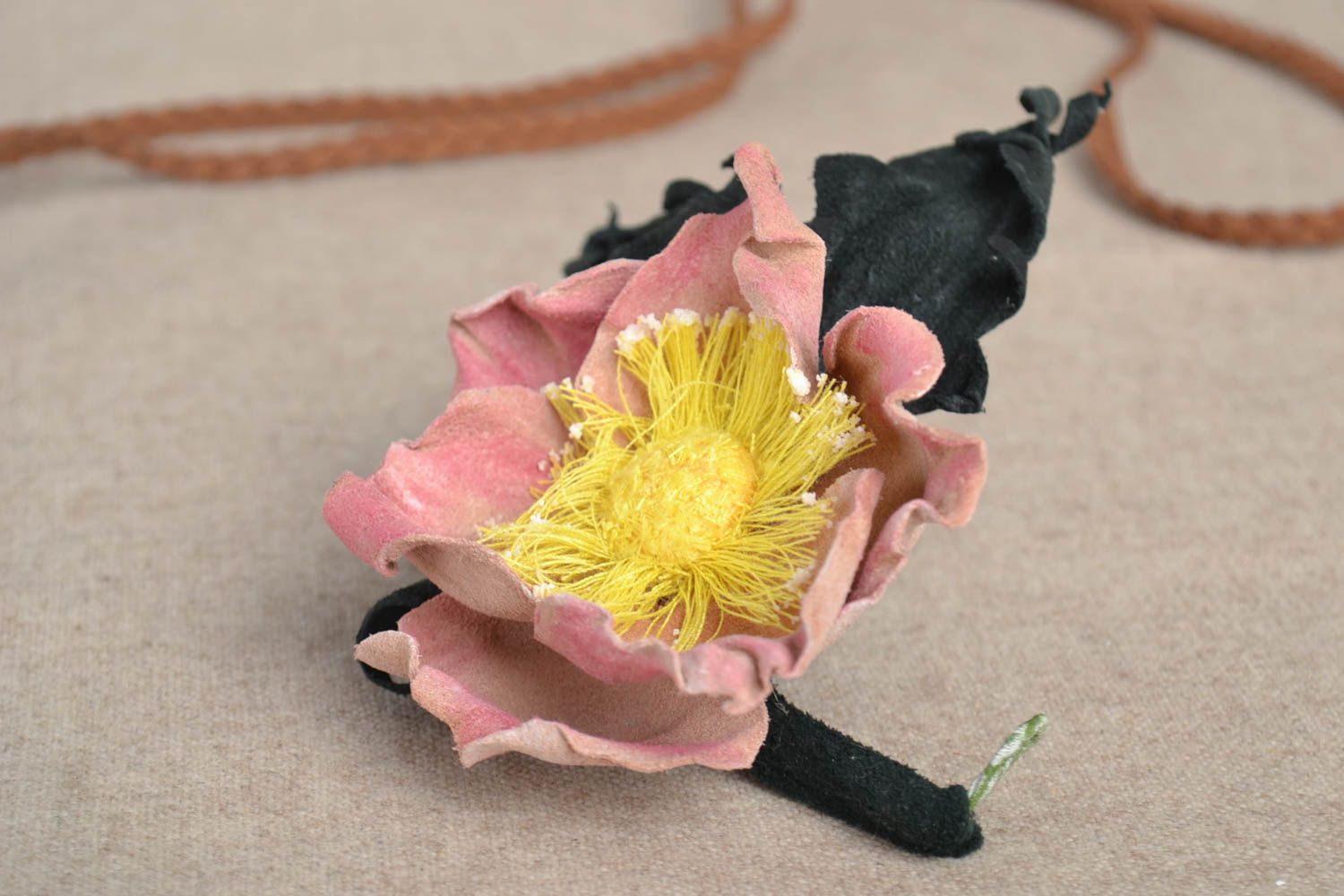 Handmade leather brooch flower textile accessories unique present for woman photo 1
