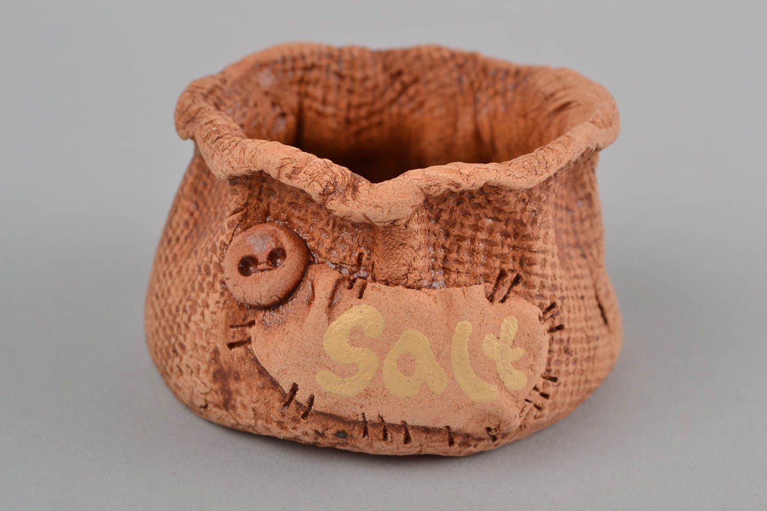 Handmade decorative small eco friendly ceramic salt cellar in the shape of bag photo 3