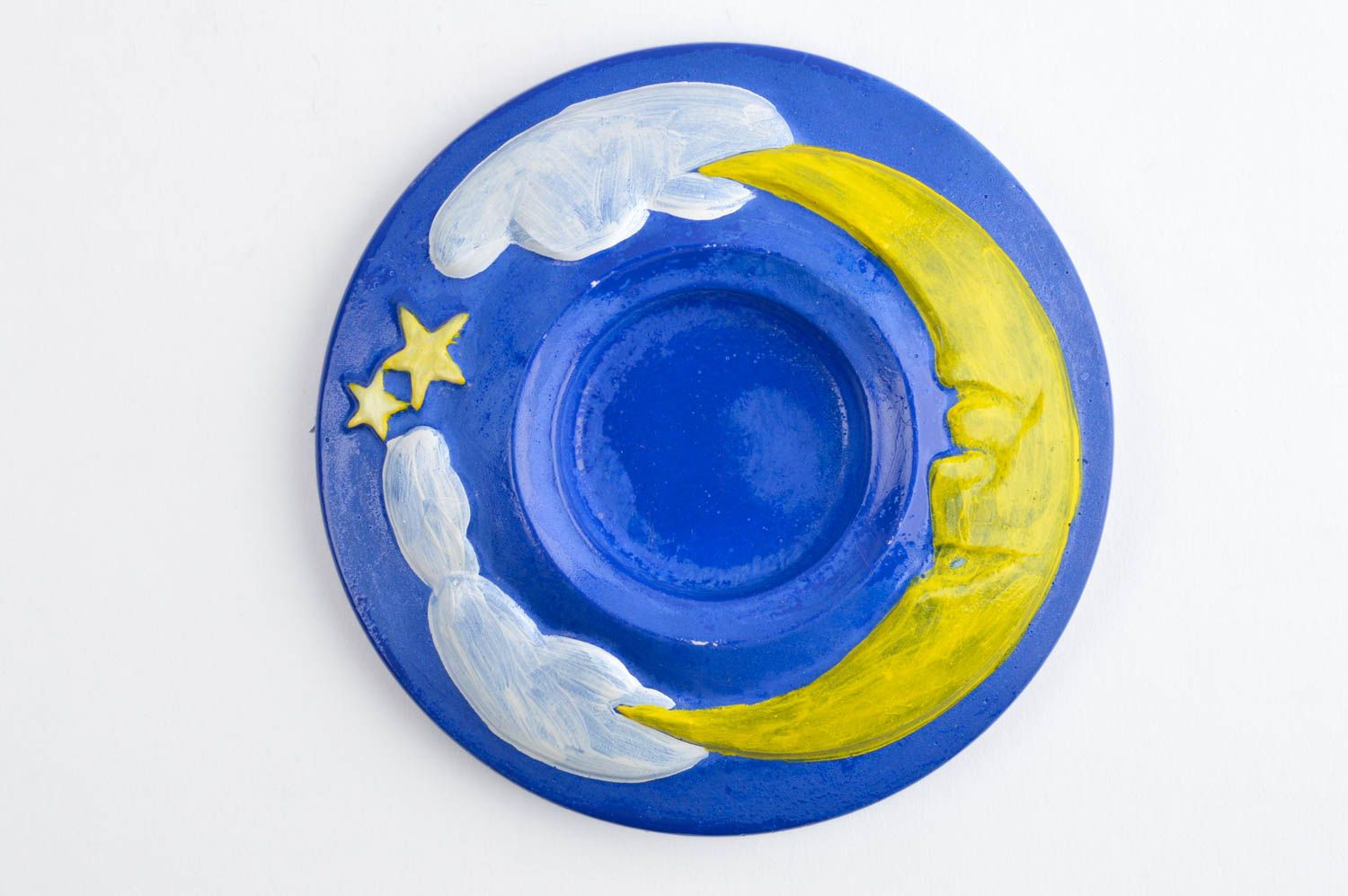 Bougeoir bleu fait main Support bougie en plâtre Déco maison Croissant de Lune photo 4