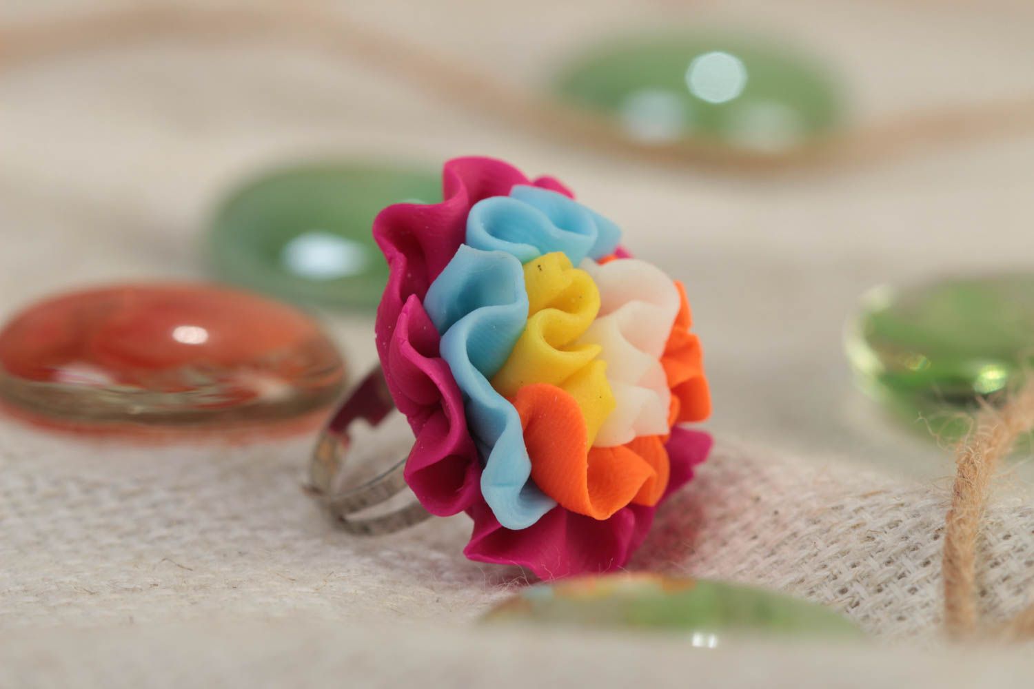Handmade designer polymer clay jewelry ring with volume flower and metal basis photo 1