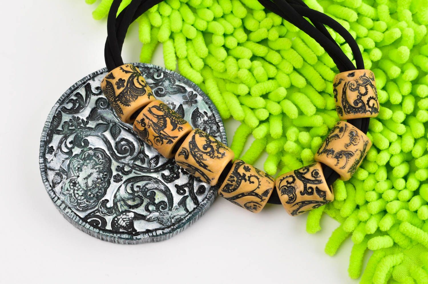 Handmade beaded necklace made of polymer clay designer accessory stylish jewelry photo 1