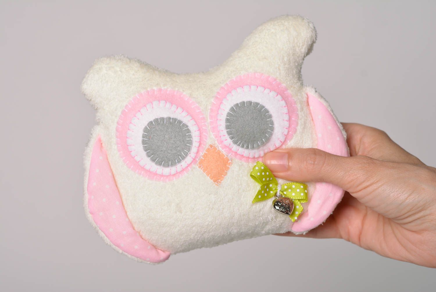 Handmade small funny soft toy sewn of fleece and cotton pink and white owl photo 3