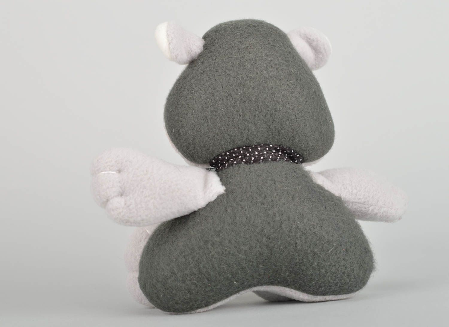 Handmade light gray fabric soft toy bear with organza polka dot bow  photo 5
