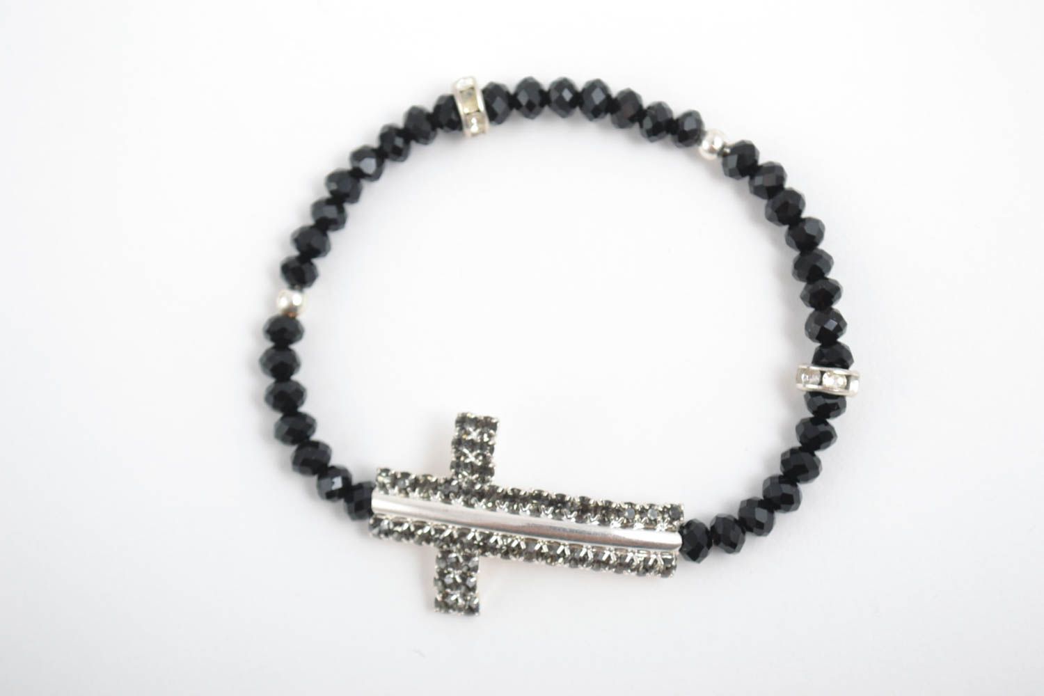 Bracelet noir Bijou fait main Accessoire femme croix élastique perles cristal photo 2