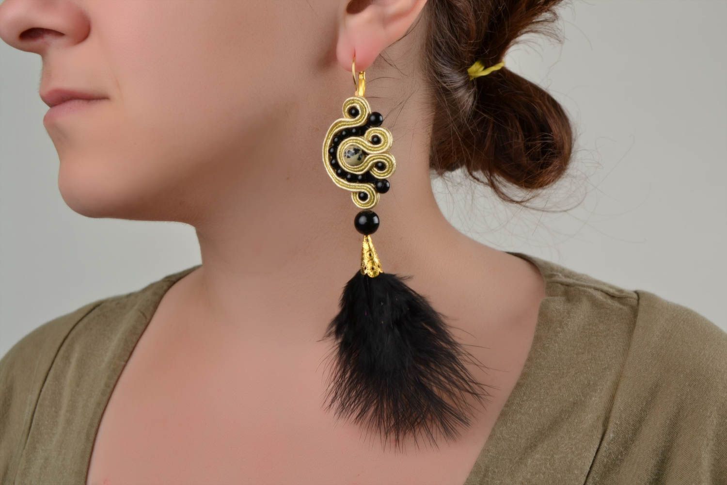 Handmade designer long soutache earrings with natural stones and feathers photo 2