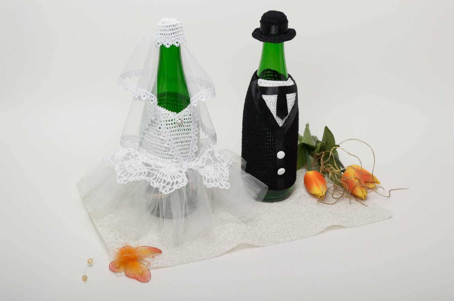 Handmade champagne bottle covers wedding bottle covers bottle cozy 2 pieces photo 1