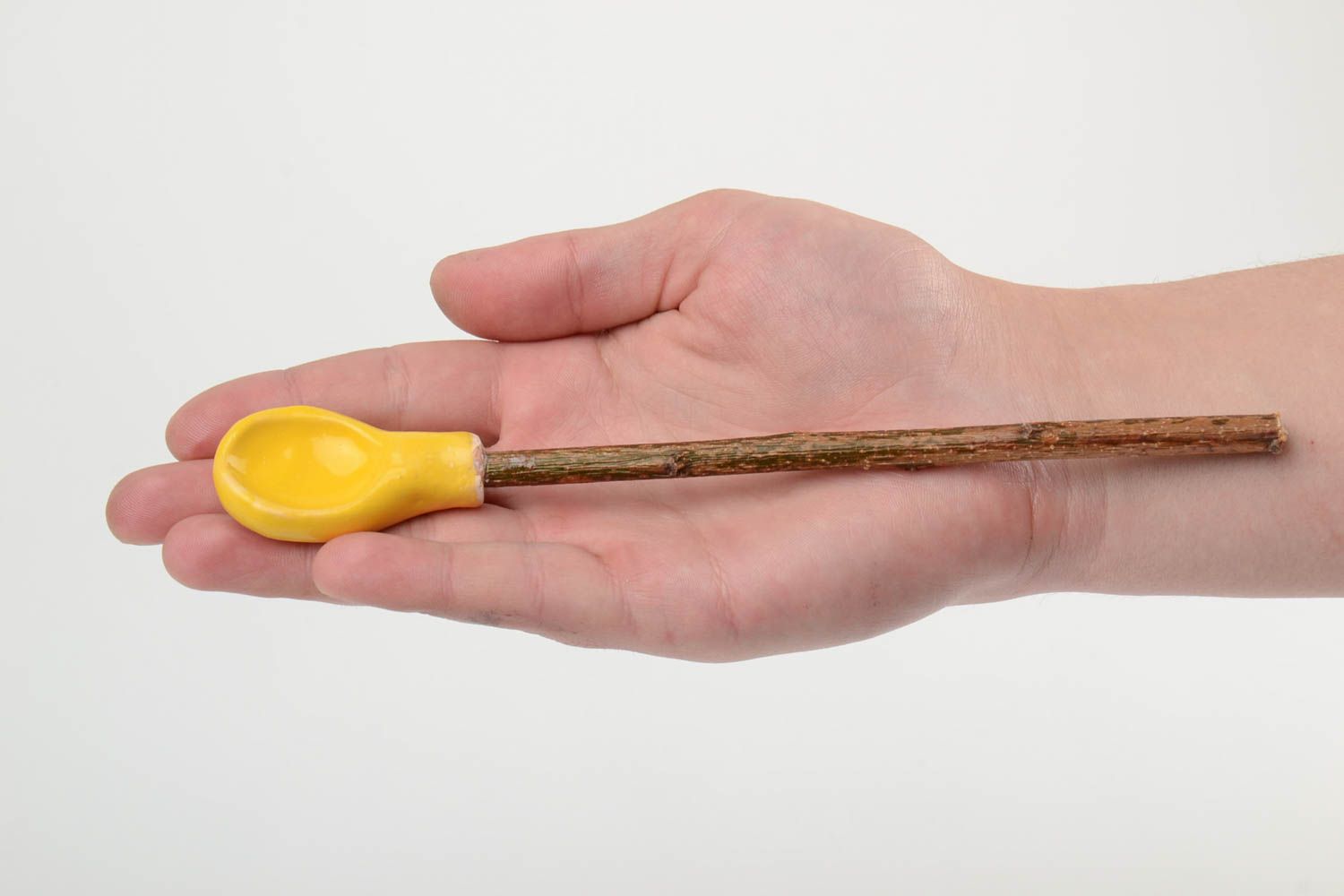 Handmade designer yellow clay spoon with apricot branch handle photo 5