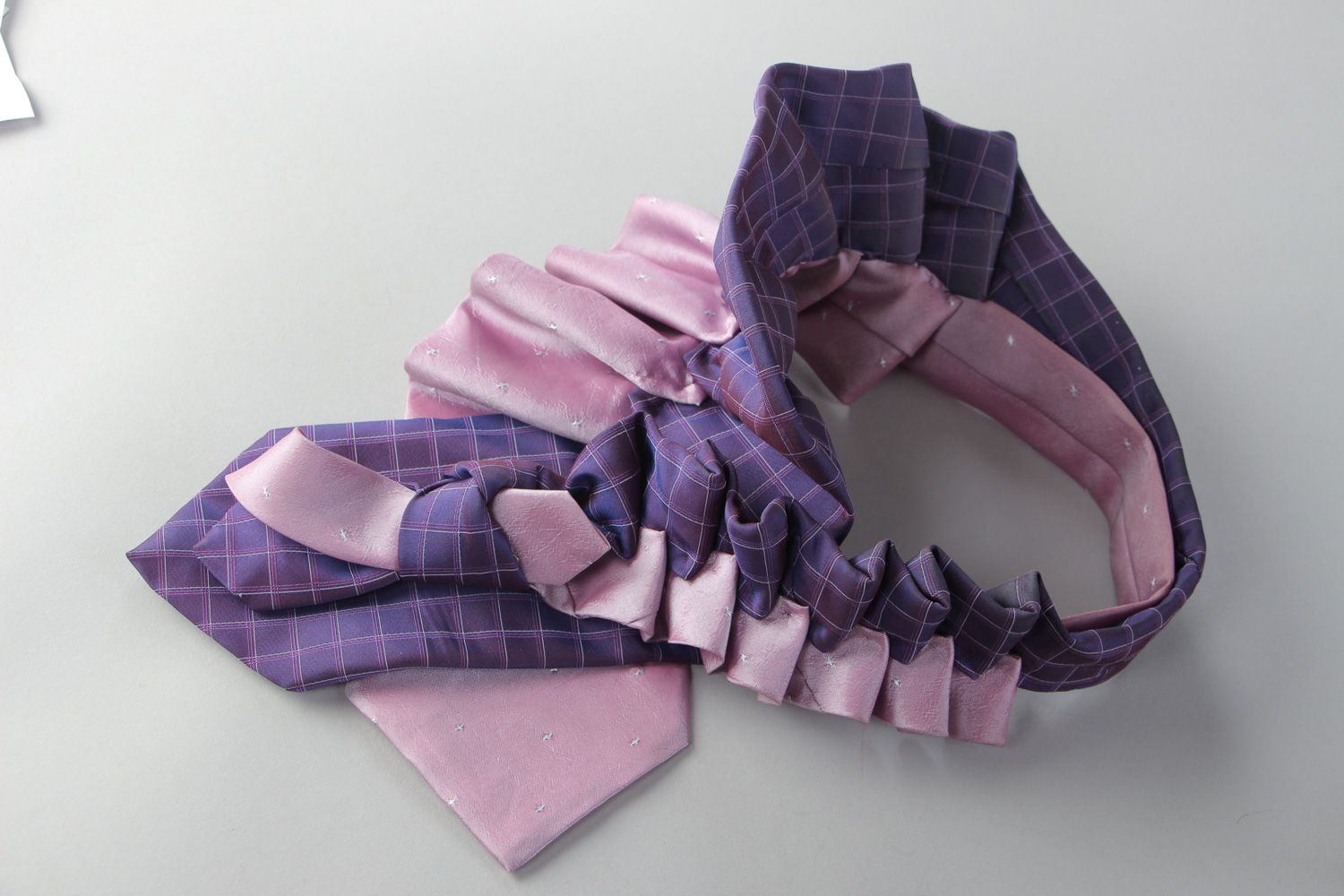Handmade necklace sewn of men's silk and satin neck ties in violet color palette photo 2
