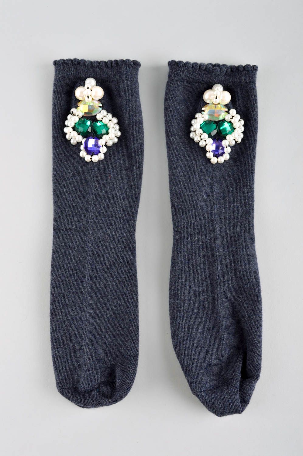 Носки ручной работы женские носки темно-серые носки со стразами красивые фото 3