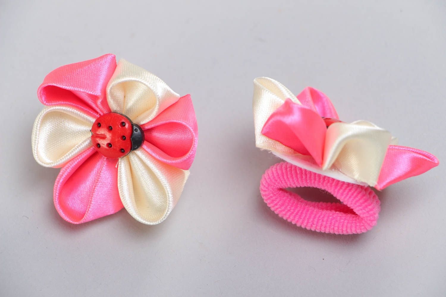 Handmade decorative hair ties with pink kanzashi flowers for kids set of 2 items photo 3