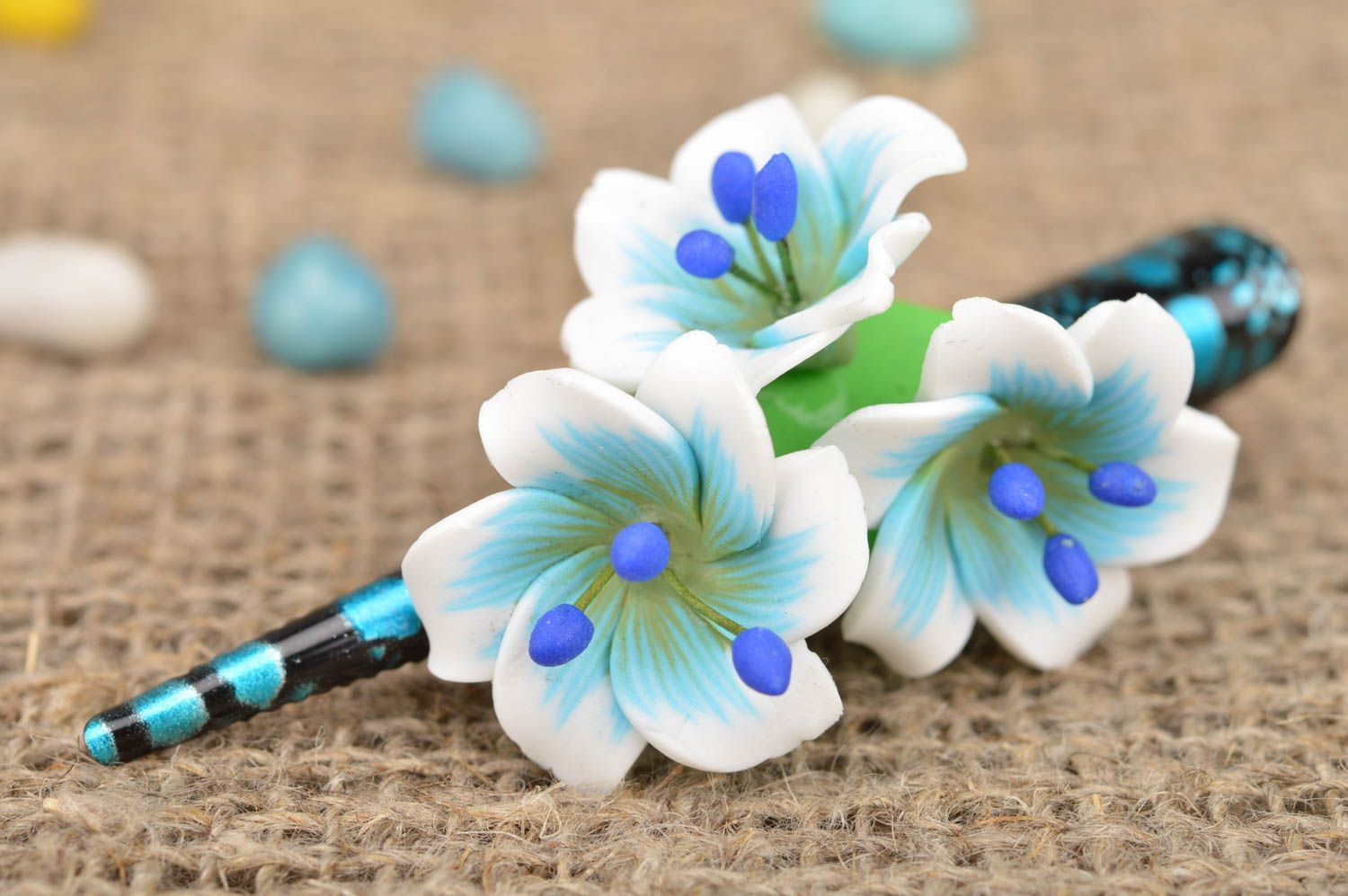 Handmade designer metal hair clip with 3 polymer clay white and blue flowers photo 1