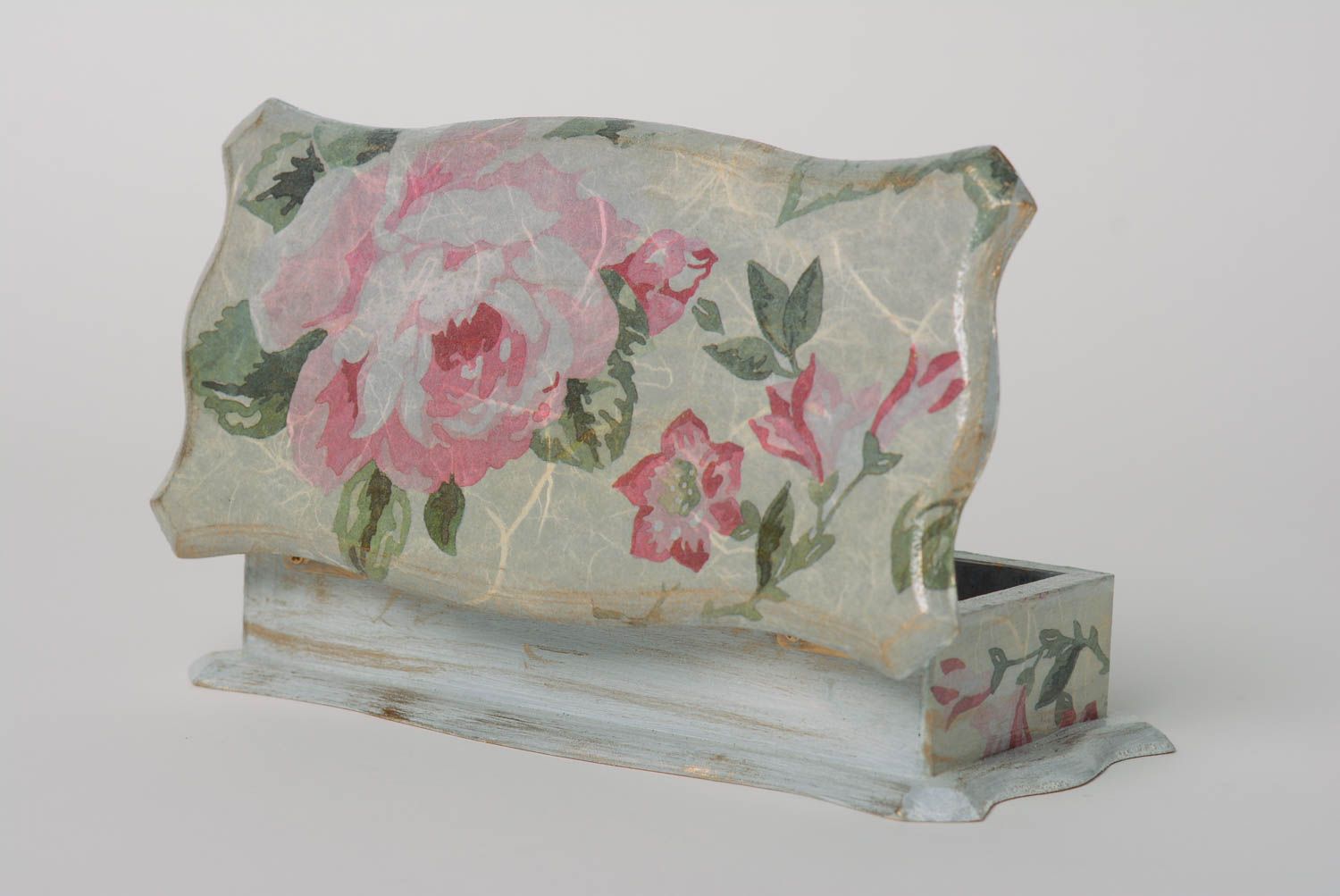 Coffret rectangulaire en bois à bijoux serviettage fait main Roses vintages photo 3