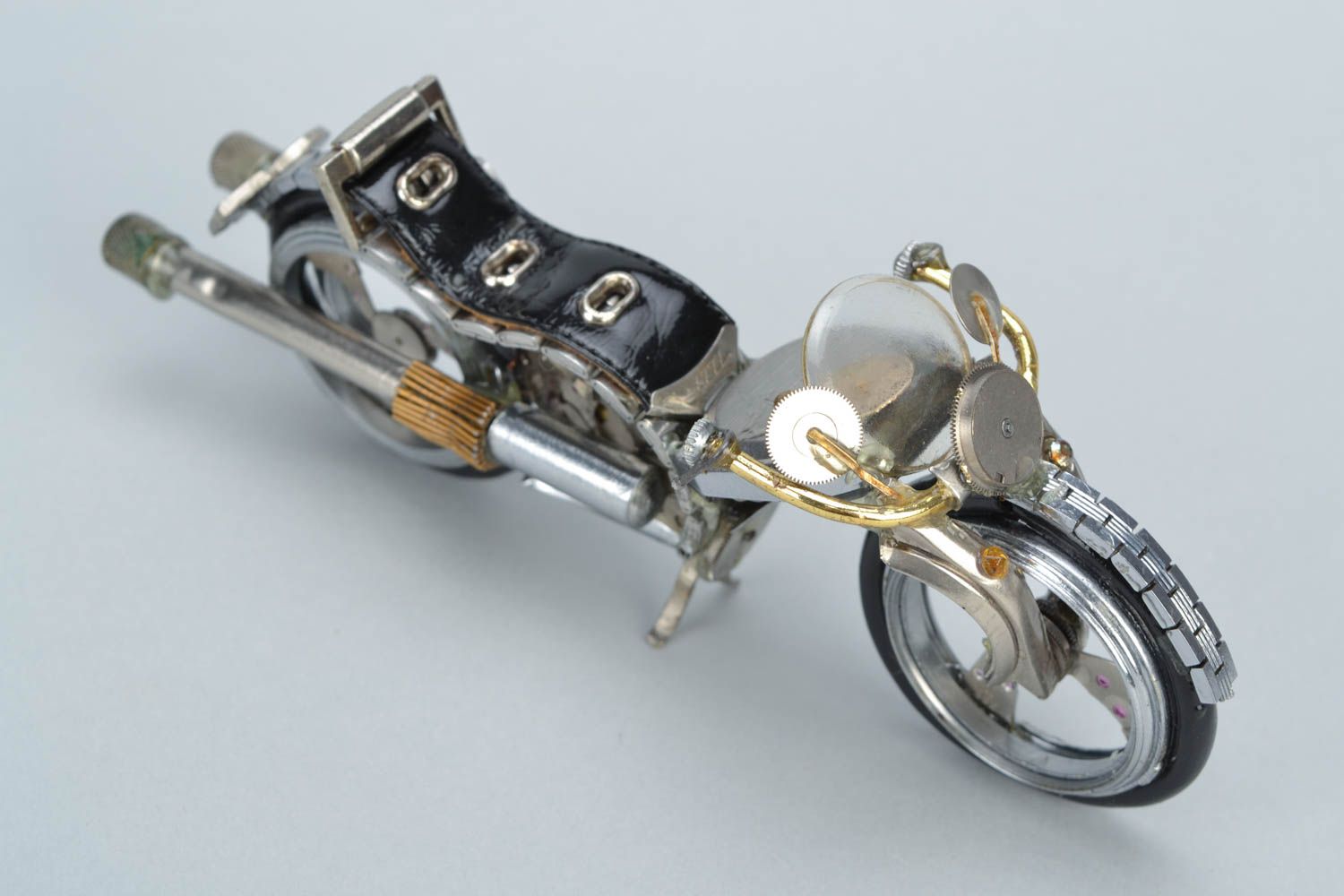Handmade miniature metal steampunk motorcycle figurine created of clock details photo 1