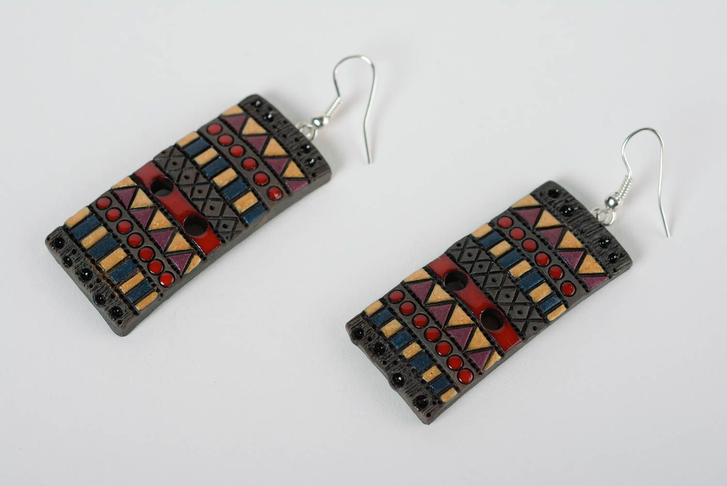 Clay handmade earrings with enamel painting rectangular bright jewelry photo 1
