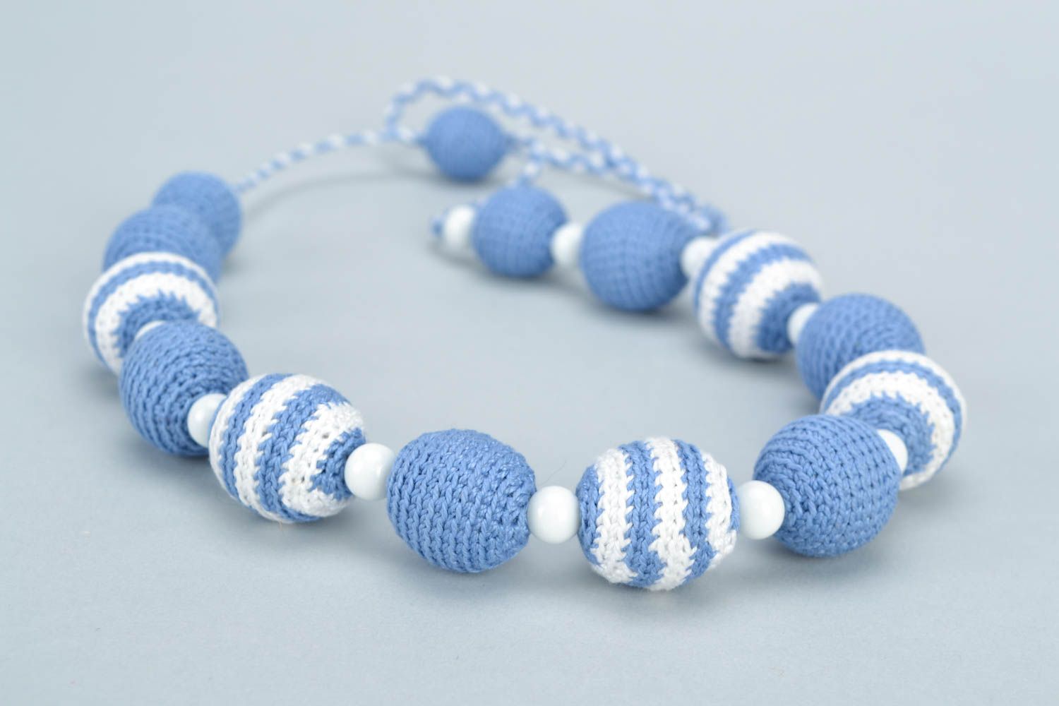 Blue handmade designer soft babywearing necklace crochet over with cotton threads photo 3